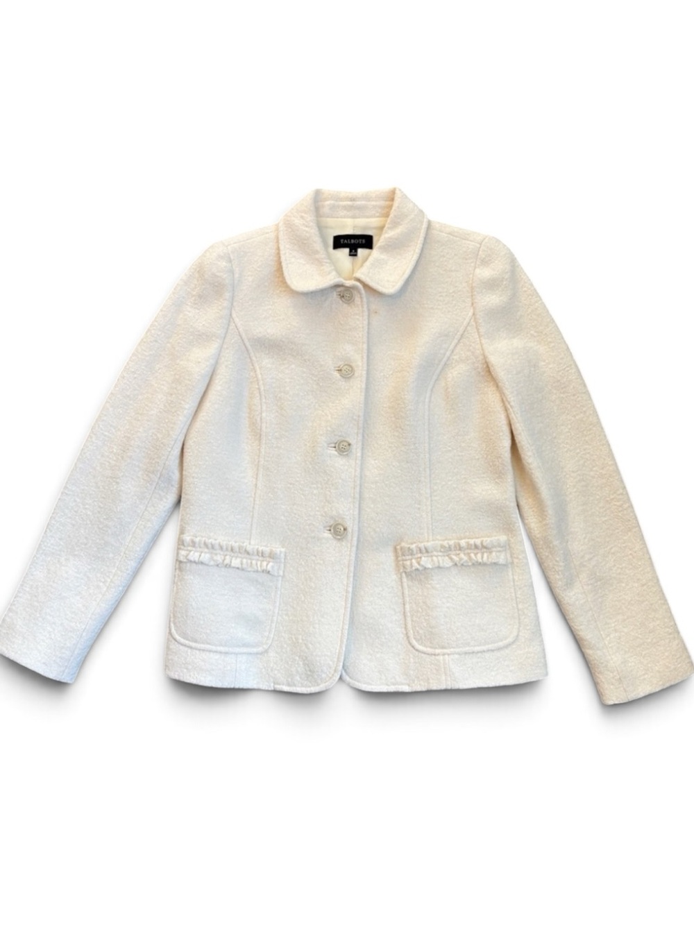 Talbots Button-Front Blazer Jacket Women’s 6 Cream Wool Blend Textured READ